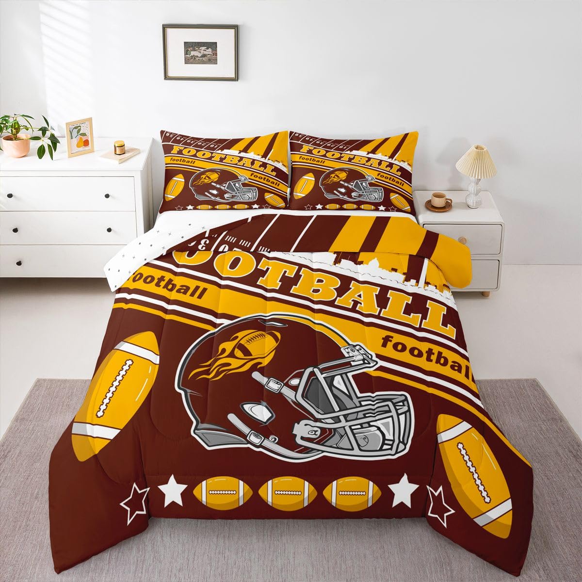Feelyou Football Bedding Set Boys Girls Queen Size Rugby Sports Comforter Set Football City Duvet Women Men Gray Brown Yellow Decor