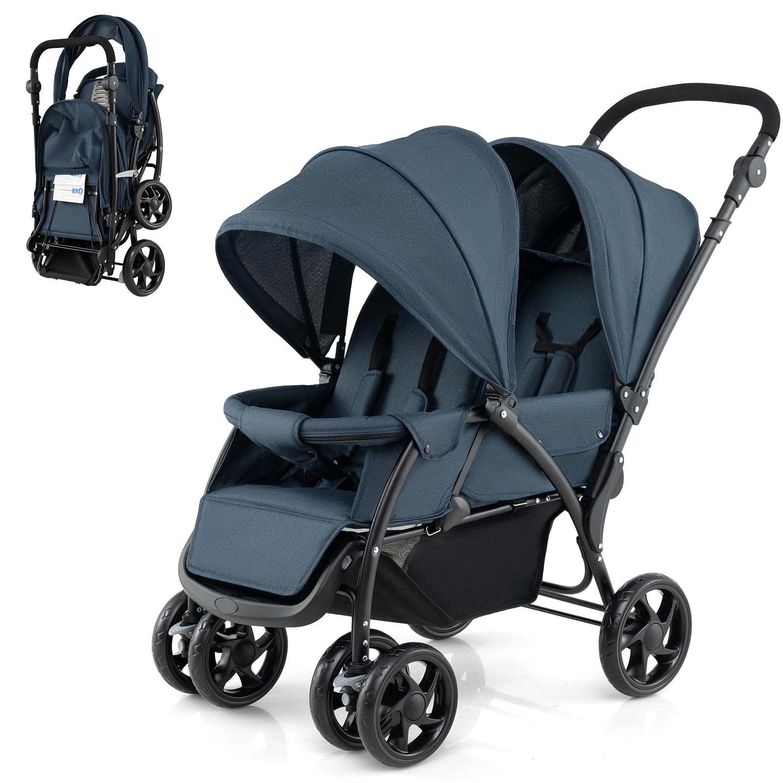 DREAMADE Geschwisterwagen 2 in 1, Doppelkinderwagen baby und kleinkind, Zwillingswagen Faltbar, Babywagen mit Doppelsitz, kinderwagen für 2 kinder (Blau)