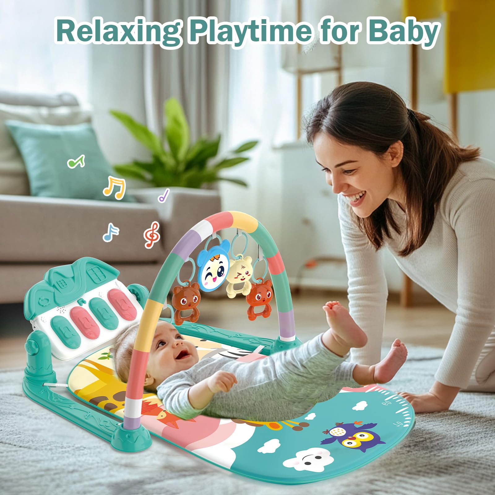Tapis d'éveil Bébé 0-6 Mois avec Hochets et Musique de Piano, Tapis Sensoriel Motricité Vert