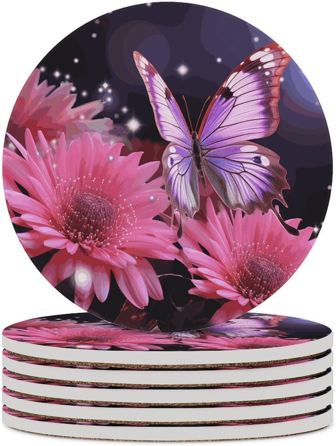 Pink Flower Purple Butterfly Coasters Round Coasters Set Ceramic Stone Coaster with Cork Base Coffee Cup Beverage Cup Mat Cute Funny Table Drinks Coaster for Mugs and Cups Office Kitchen