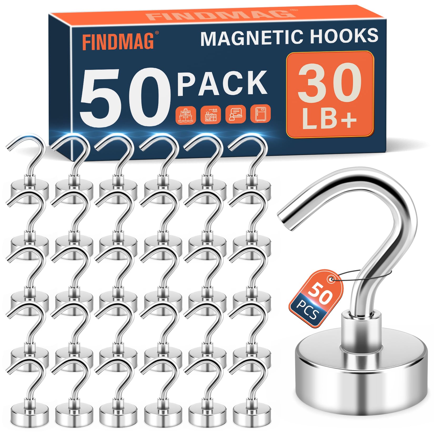 FINDMAG 50 Pack Magnetic Hooks for Cruise Cabins, 30LB+ Magnets with Hooks