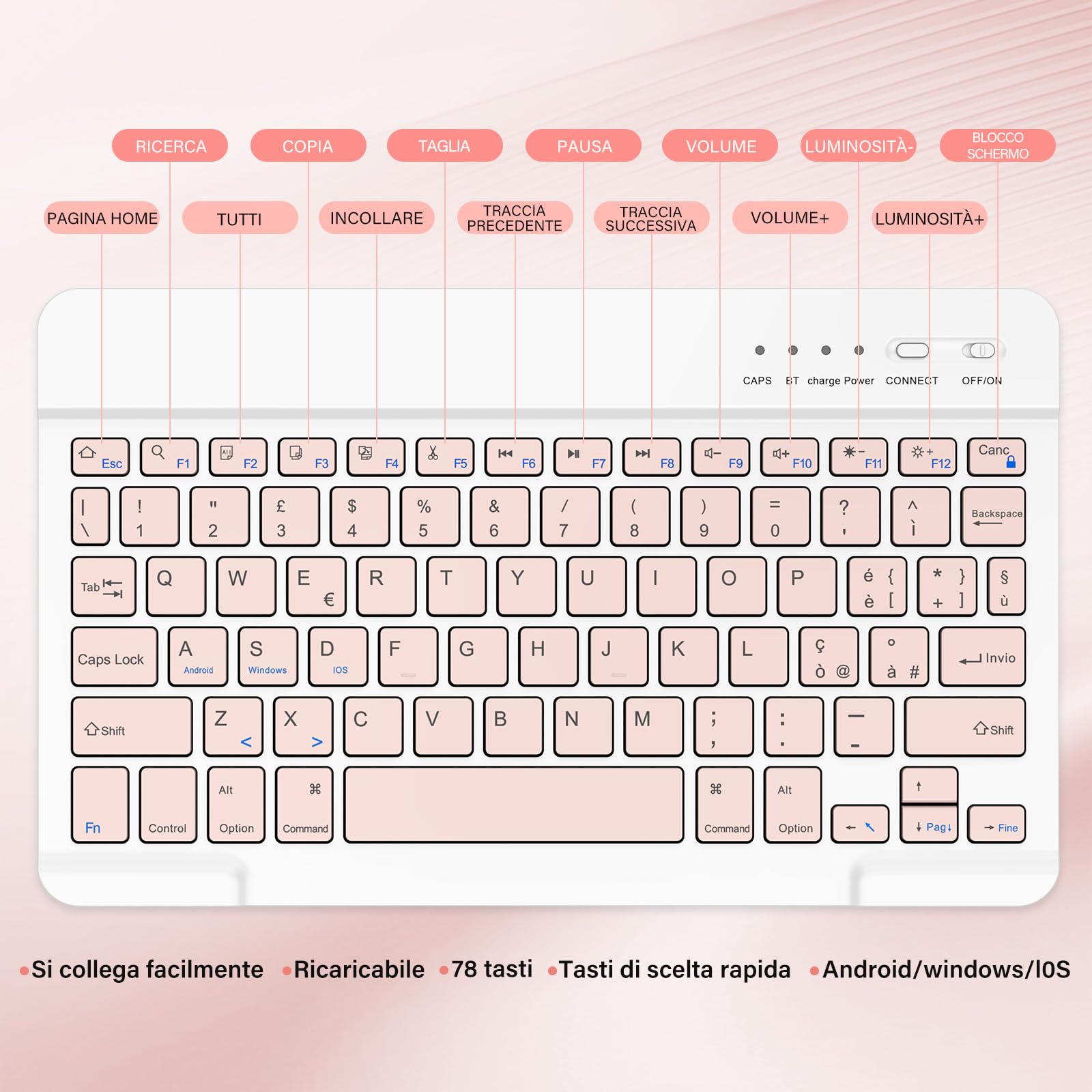 BQSS Tastiera Wireless, Layout Italiano QWERTY Tastiera Wireless Bluetooth Rechargeable, per Samsung/IOS/Android/Windows/Telefoni