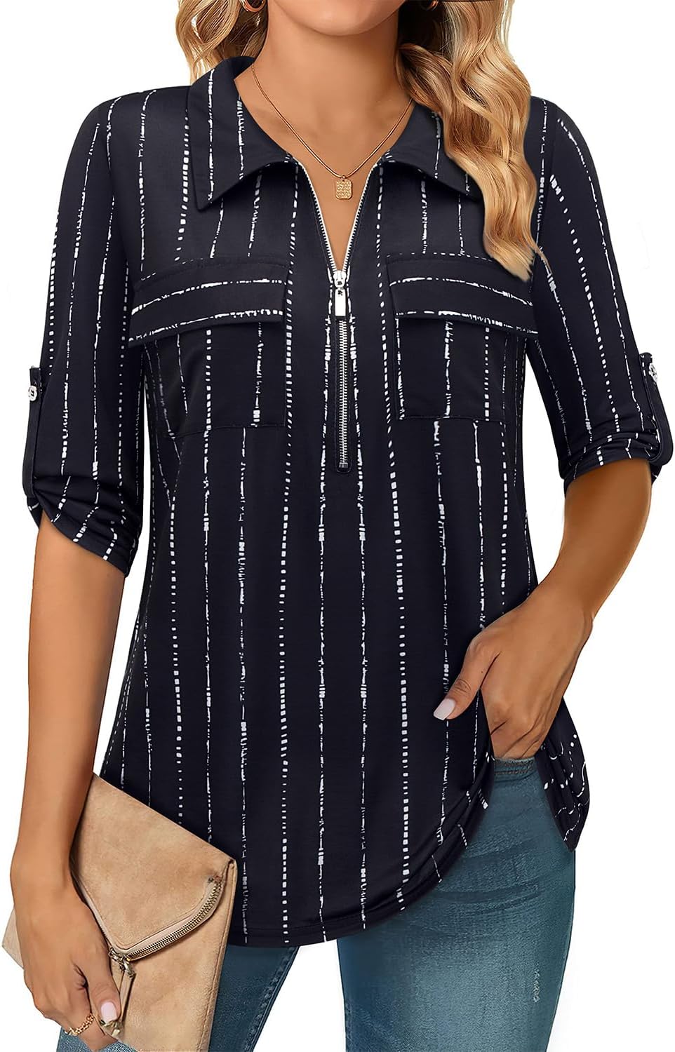 Bulotus Women's 3/4 Sleeve Collared Blouses Business Casual Tops Zip Front V Neck Work Shirts Loose Fit Tunic Tops