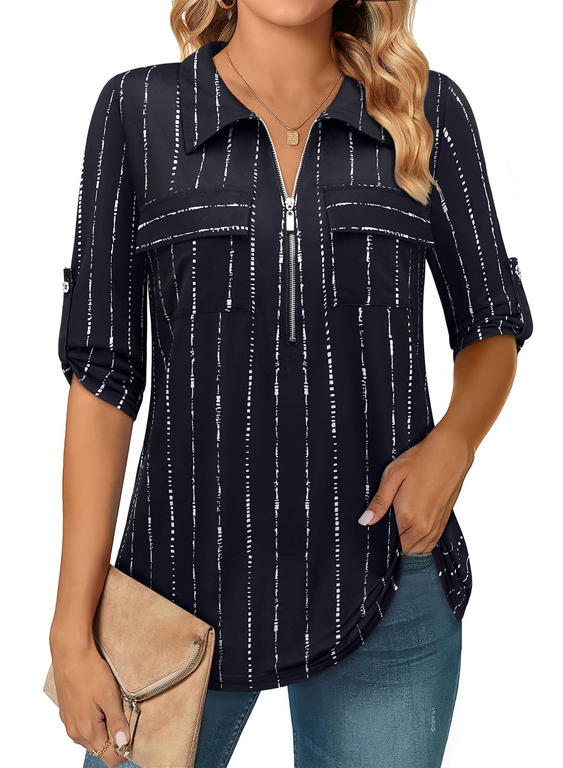 Chemisier Femme Good Look Noir - Manches 3/4, Polyester, Taille M, Neuf Avec étiquettes