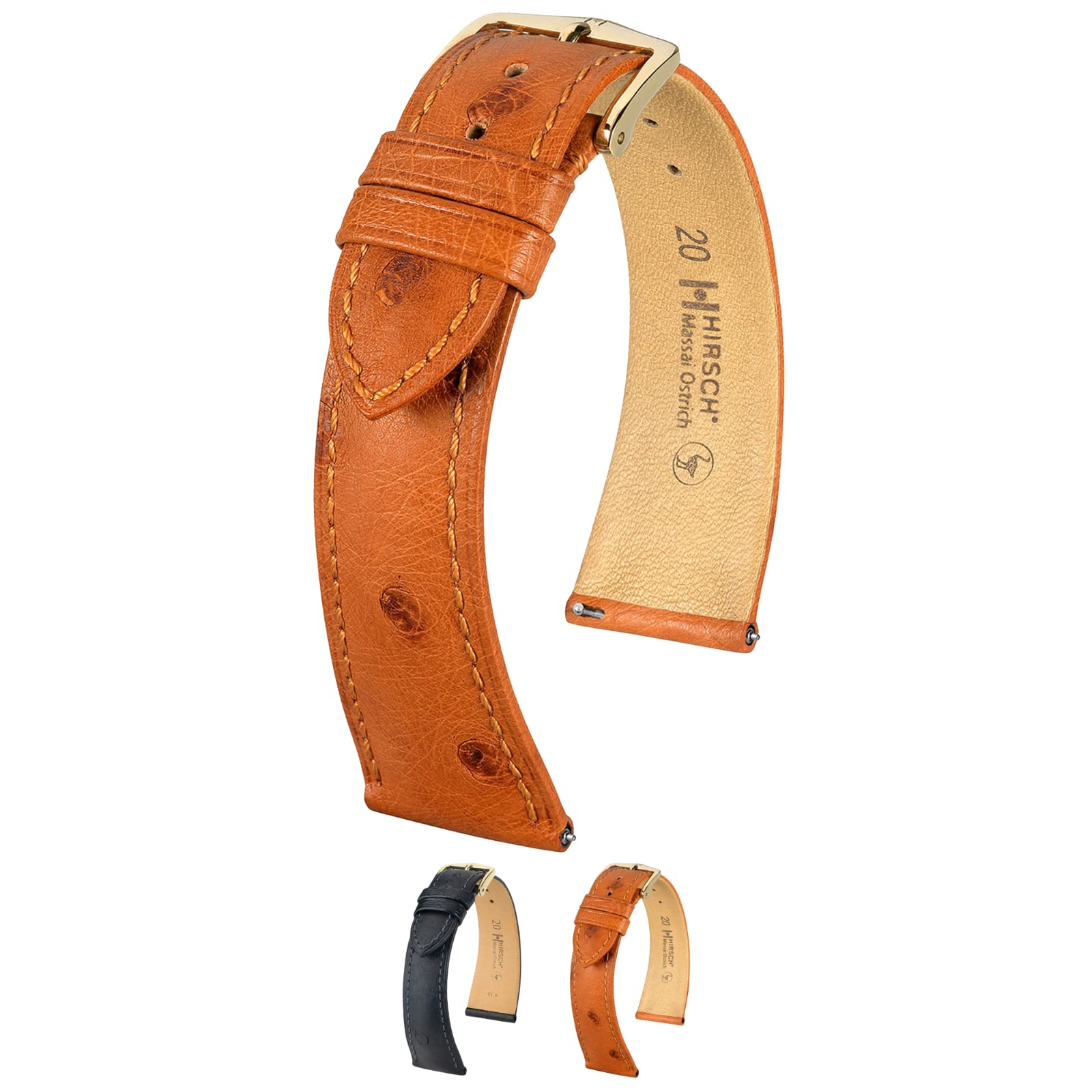 Hirsch Massai Ostrich Leather Watch Strap - Golden Brown - M - 16mm / 14mm - Shiny Gold Buckle - Ostrich Leather Band