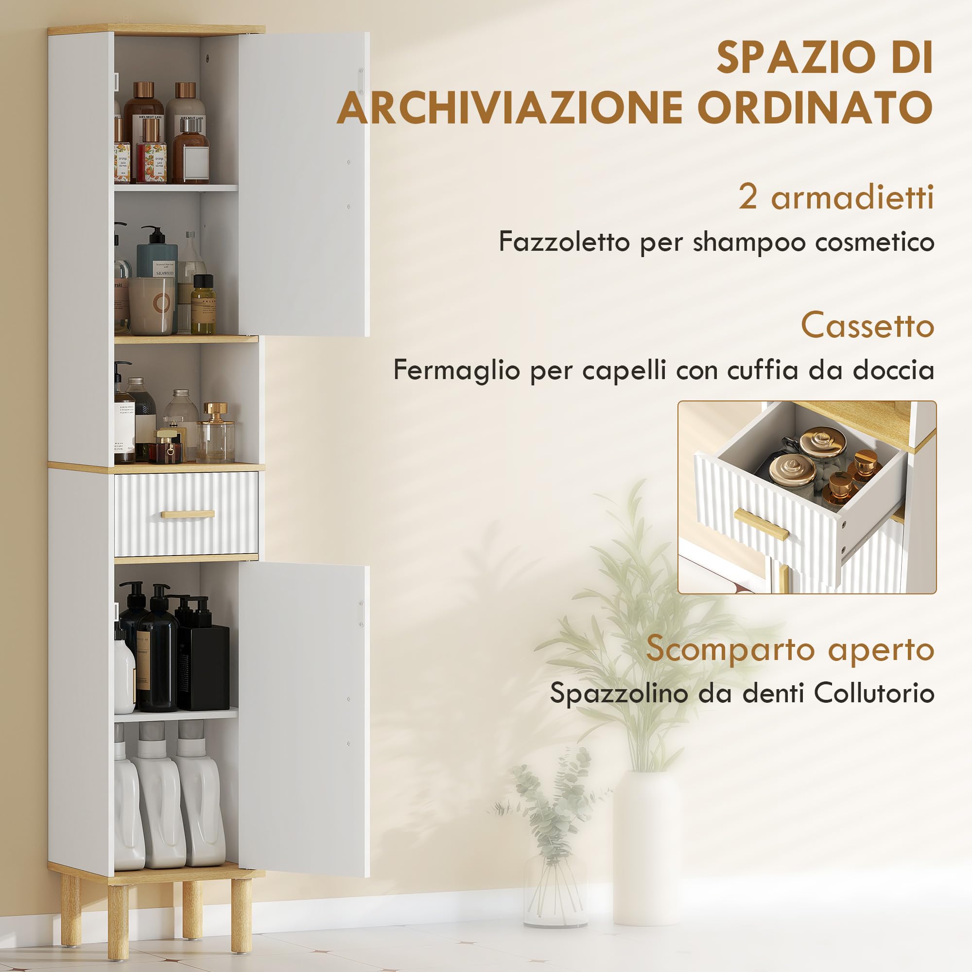 HOMCOM Armadietto Alto da Bagno 171.5 cm, Mobile da Bagno con Cassetto, Ripiani Regolabili e Vano Aperto, per Piccoli Spazi, Soggiorno, Ingresso, Bianco