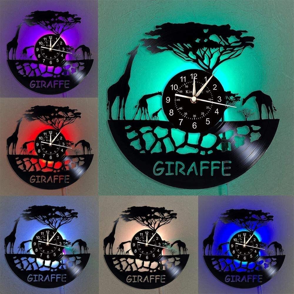 Vinyl wandklok, Afrika, safaridieren 7 kleuren bedlampje retro wandklok, Zuid-Afrikaans dier geschenken handgemaakte wanddecoratie, A, met licht