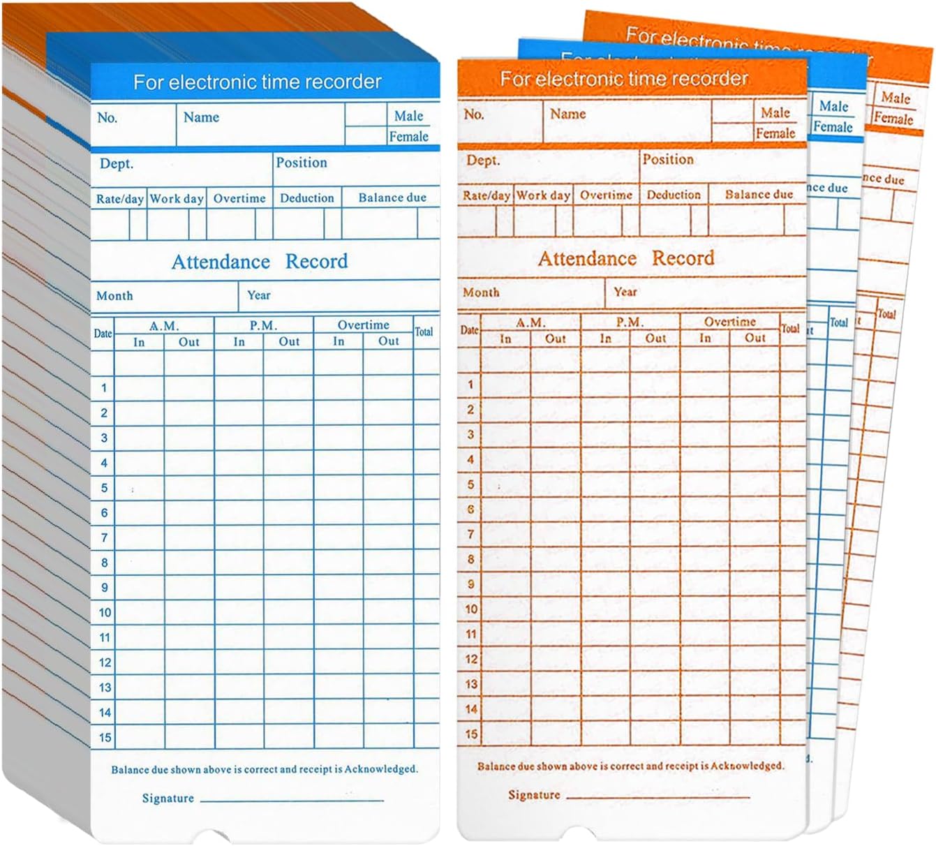 Flexzion Monthly Time Cards for Employees - Dual-Sided, Orange/Blue Attendance Tracker, 270-Piece Time Sheets Compatible with 6-Column Time Clock Recorders for Businesses