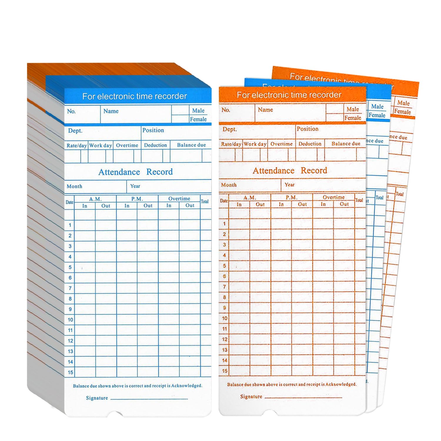 Flexzion Monthly Time Cards for Employees - Dual-Sided, Orange/Blue Attendance Tracker, 270-Piece Time Sheets Compatible with 6-Column Time Clock Recorders for Businesses