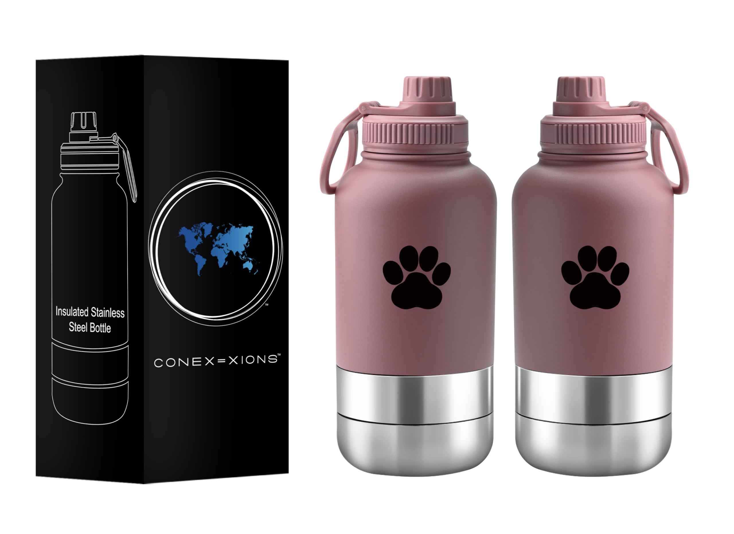 Conex=xions 32 oz Portable Dog Water Bottle & Bowl for Travel- 3 in 1, Stainless Steel, Leak-Proof, Insulated (Mischievous Mauve, 32 oz)
