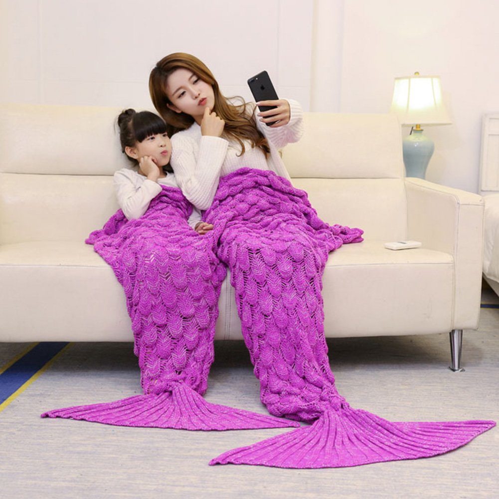Mother and Daughter Mermaid Tail Blanket?2 in1 Knitting Warm Soft Cozy Crochet Knitted Blanket with Fish Scales Pattern Sisters Sleeping Bag Sofa Blanket Air Conditioning Blanket (Rose Red)