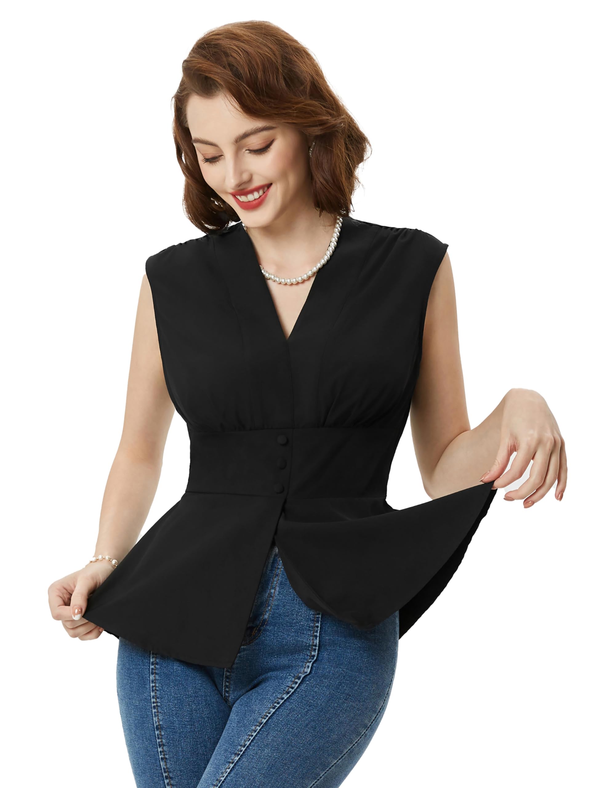 Belle Poque Blusa de verano para mujer, estilo años 50, sin mangas, cuello en V, cintura elástica, estilo vintage