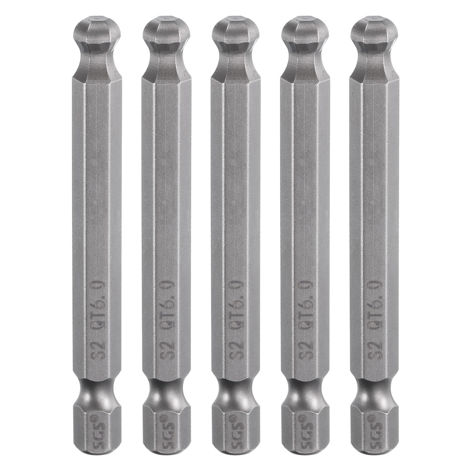 HARFINGTON 5pcs Ball End Hex Screwdriver Bit 6mm (H6.0) Tip 1/4" Hex Shank 65mm (2.56") Long Magnetic Ball Head Bits Industrial Grade S2 Steel Metric