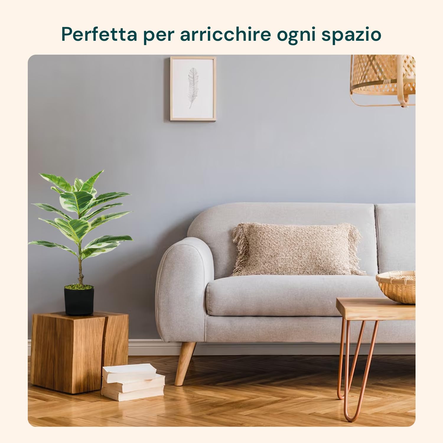 Wintem Pianta di Ficus Elastica Artificiale in Polietilene con 15 Foglie, 65 cm, Vaso con Muschio, Pianta Decorativa da Interno