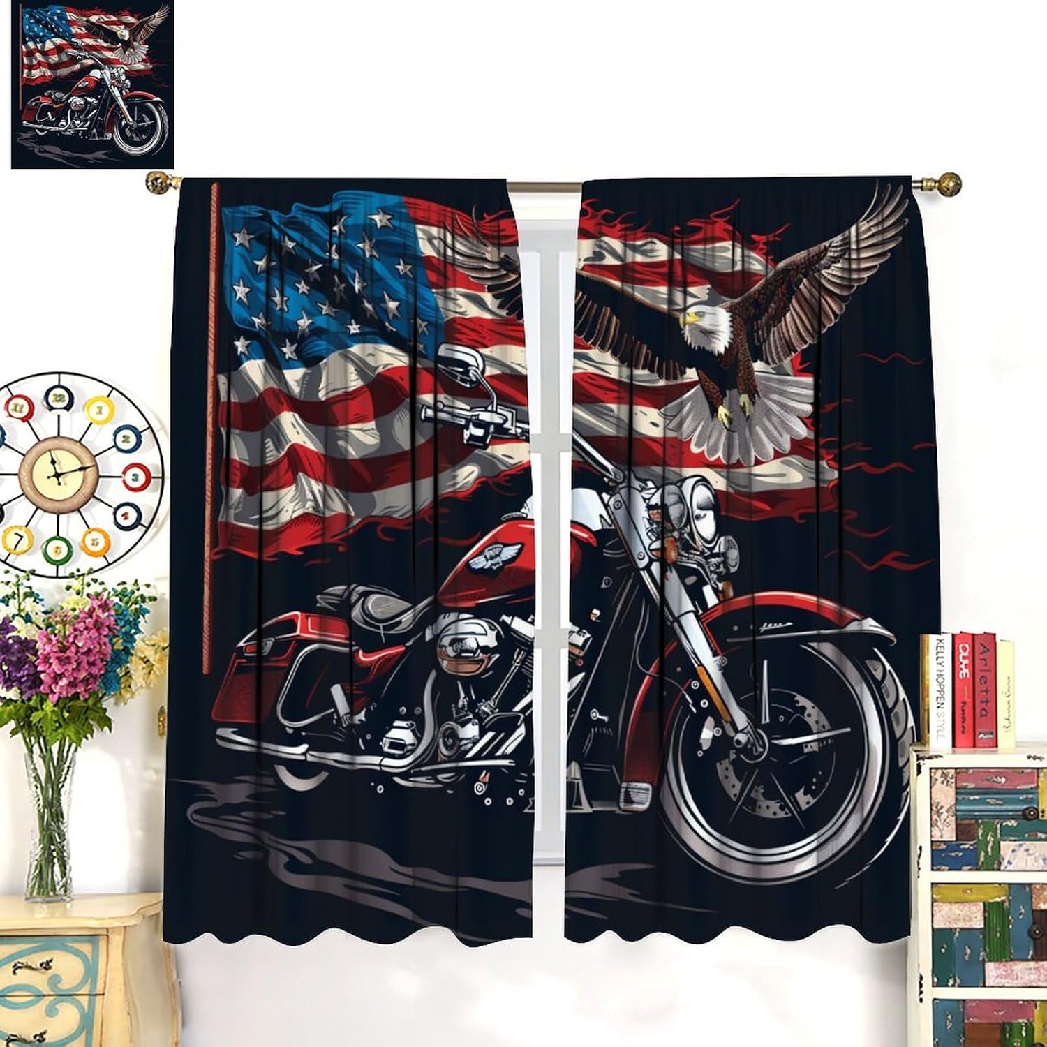 American Flag Motorcycle Blackout Curtains for Bedroom/Living Room, Cartoon Eagle Motorbike Thermal Insulated Curtains Rod Pocket Window Drapes, 2 Panels/Each 21" W x 63" L