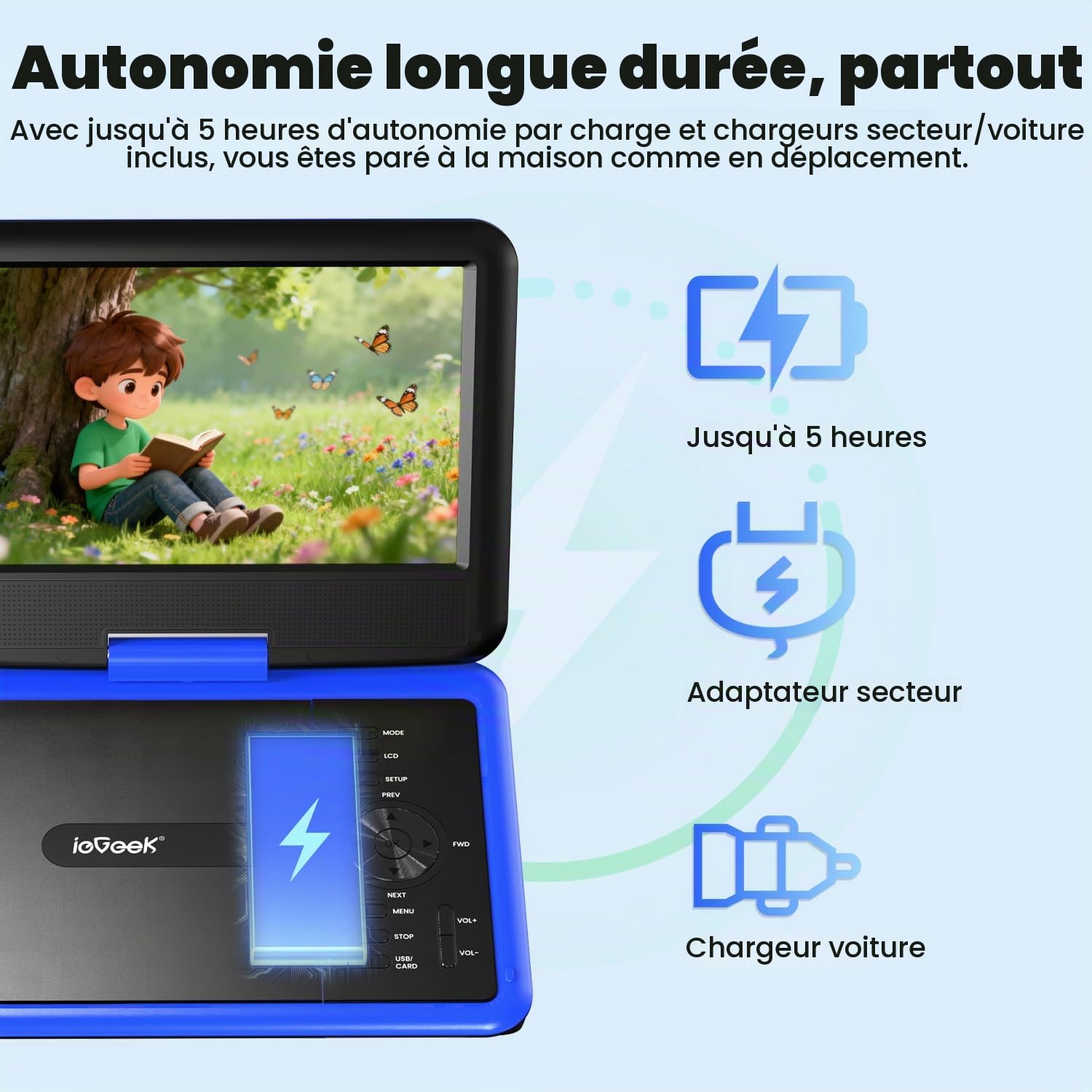 ieGeek Lecteur DVD portable 11,5" avec carte SD/port USB, batterie rechargeable de 5 heures, écran de protection des yeux de 9,5", prise en charge AV-in/out, sans région, bleu