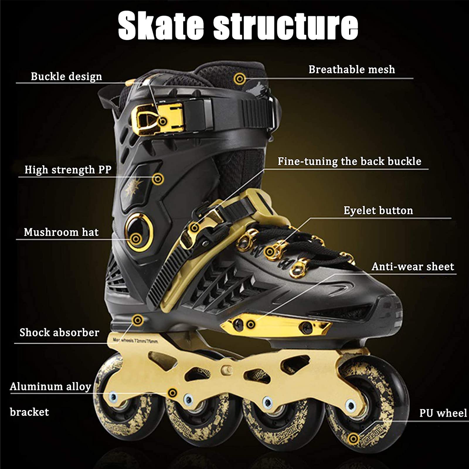 Rollers en Ligne pour Adultes, Patins à roulettes Lumineux avec Roues Lumineuses Complètes, Roller Chaussure de Sports D'extérieur et D'Intérieur pour Hommes Femmes Débutants, Or Noir