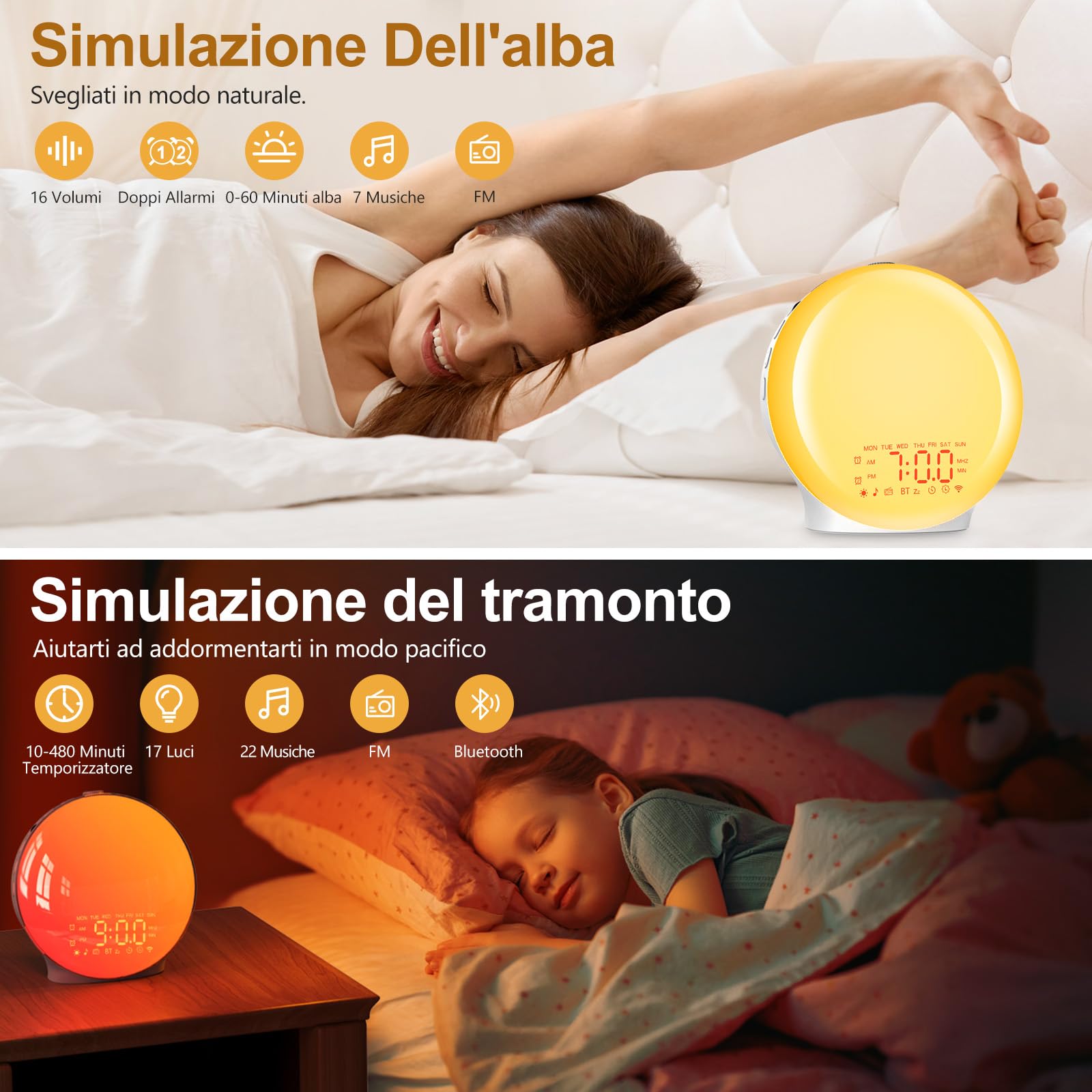 Sveglia Alba Bluetooth, Wake up Light Luce Sveglia,Sveglia da Comodino | Simulazione Alba/Tramonto, Doppio Allarme, 17 Colori, 22 Suoni Naturali, Snooze, Radio FM, Controllo Rullo