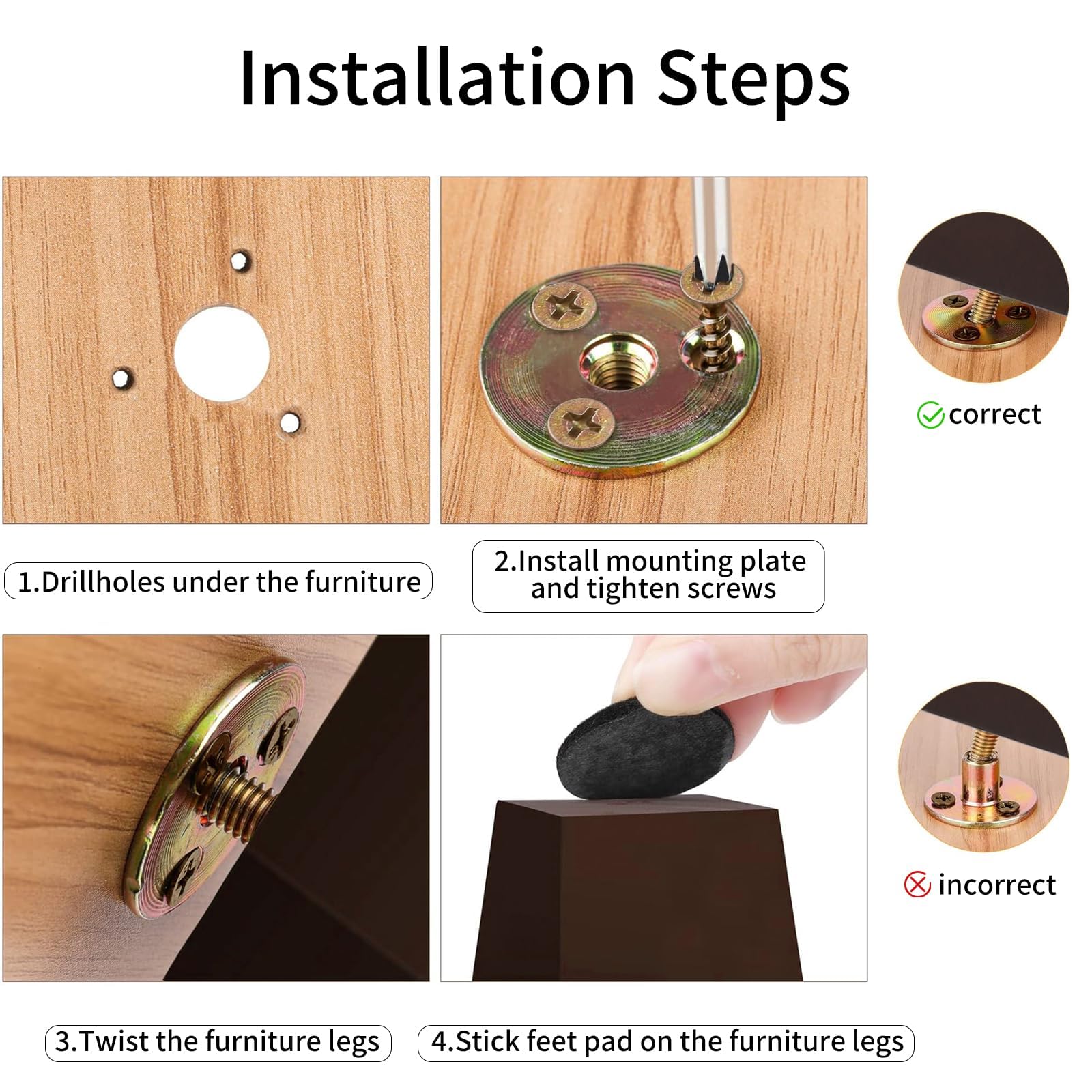 Zythrem 4Pcs 3 Inch Wooden Furniture Legs 8cm Wood Sofa Legs Chair Cabinet Legs Walnut Bed Legs Square Furniture Replacemen Feet with Mounting Plates Screws Non-Slip Mat for Couch Table TV Stand - Image 4