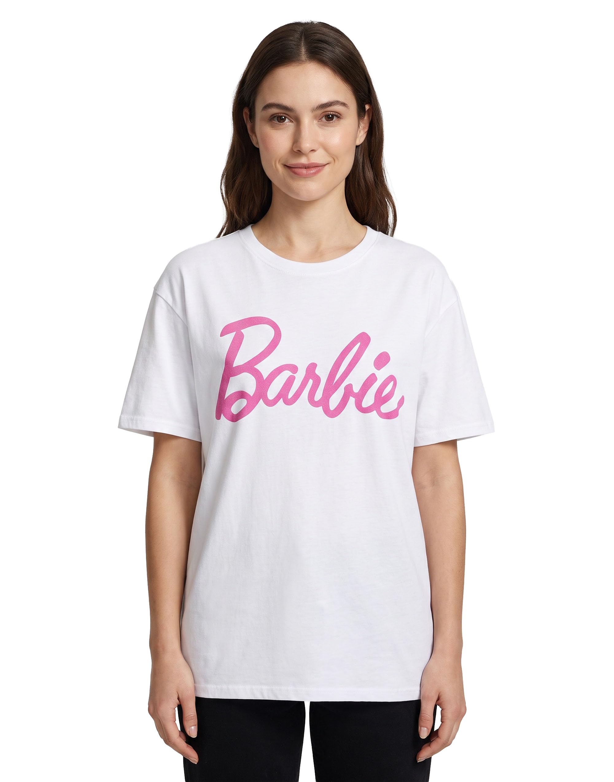 Barbie Women's White T-Shirt | Black Or Option With Pink Classic Logo For | Retro Short-Sleeved Fashion Top | Graphic Tee With Short Sleeve Doll Movie Merchandise Gift For Adults