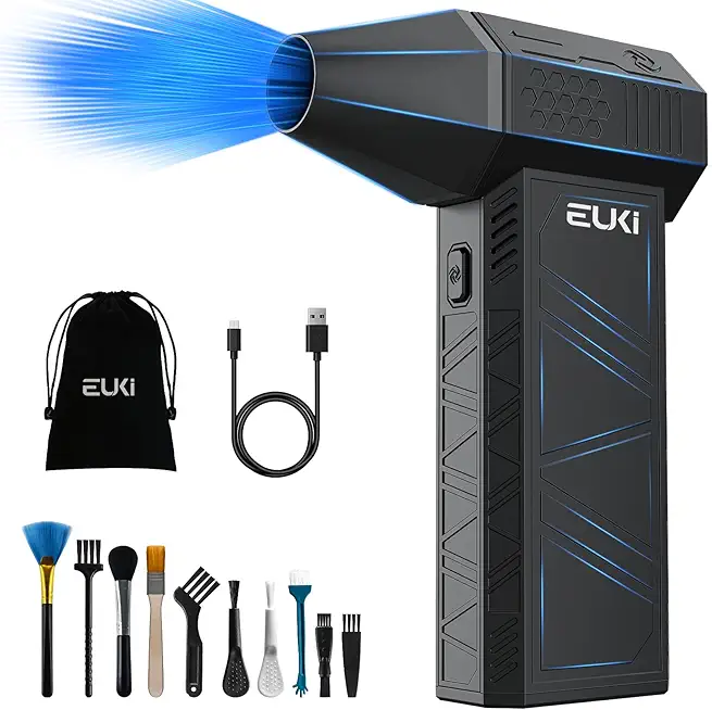 EUKI Elektrische Staubgebläse Luftdruckspray, 3-Gang 150000 U/min, Druckluft Compressed Air Duster mit 6000mAh Akku, Reinigungsbürste und USB Schnellladung, für PC Reinigungsset, Auto, Sofa