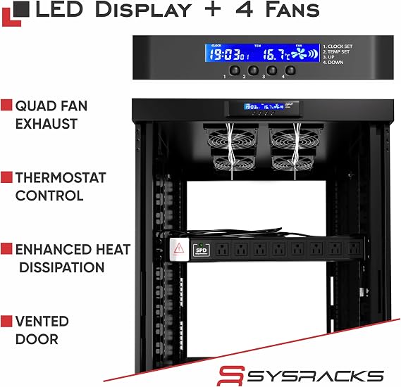 Sysracks 42U Server Rack Cabinet 32 Deep Network Rack Enclosure on Wheels Glass Door, 4 Cooling Fans, Temperature Controller, Shelf, 8-Way PDU 19 IT & AV Equipment Rack
