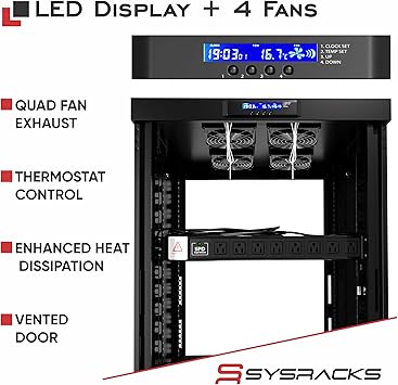 Sysracks 42U Server Rack Cabinet 32 Deep Network Rack Enclosure on Wheels Glass Door, 4 Cooling Fans, Temperature Controller, Shelf, 8-Way PDU 19 IT & AV Equipment Rack
