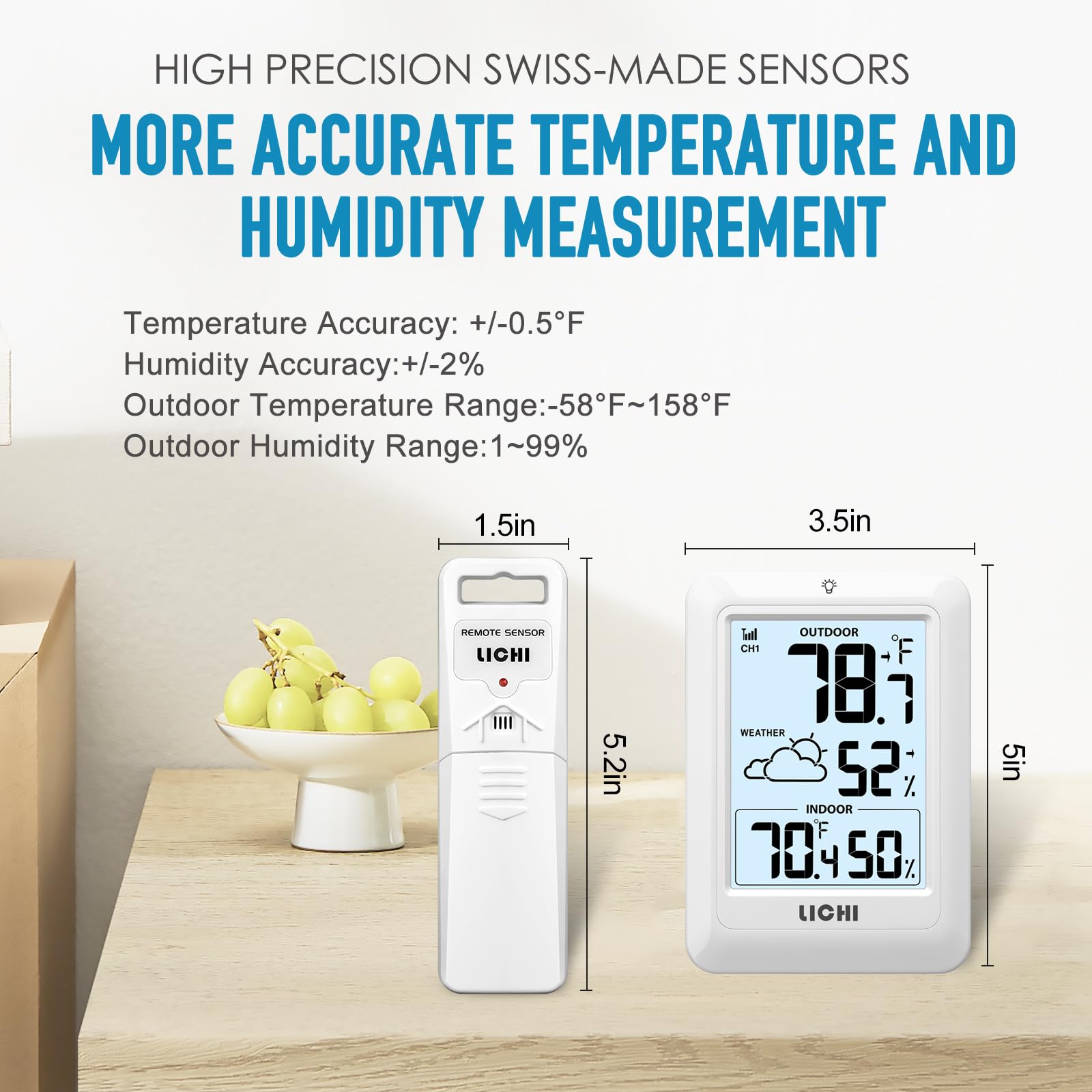 Thermomètre d'intérieur et d'extérieur sans fil, thermomètre hygromètre interne externe, fonctionne sur batterie pour la maison, moniteur d'humidité de la température (environ 100 mètres), écran