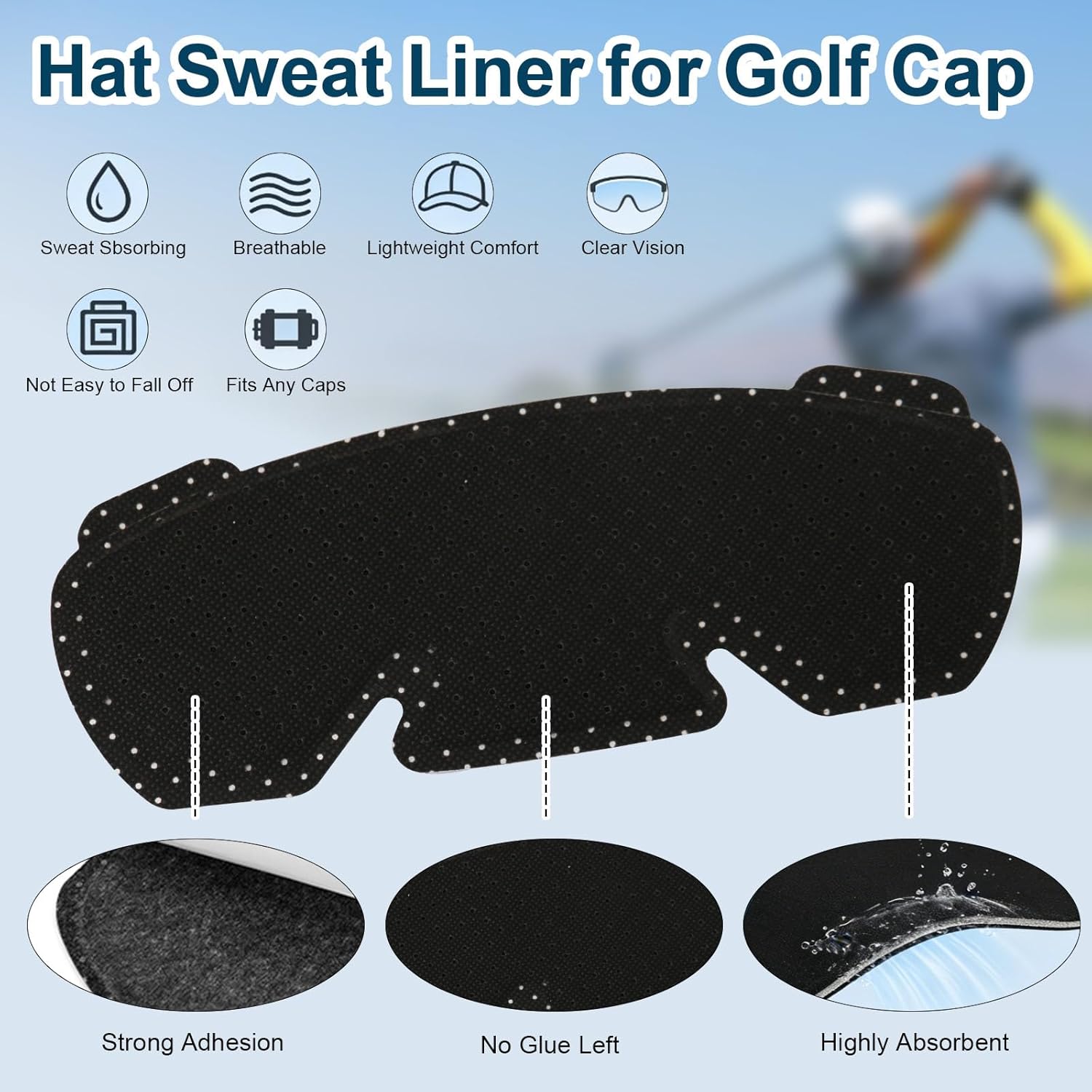 Hat Sweat Liner for Golf Cap, Absorbent Sweat Pads for Hats, Thin Soft Lightweight Hat Liner for Men Women 3 Pack Black