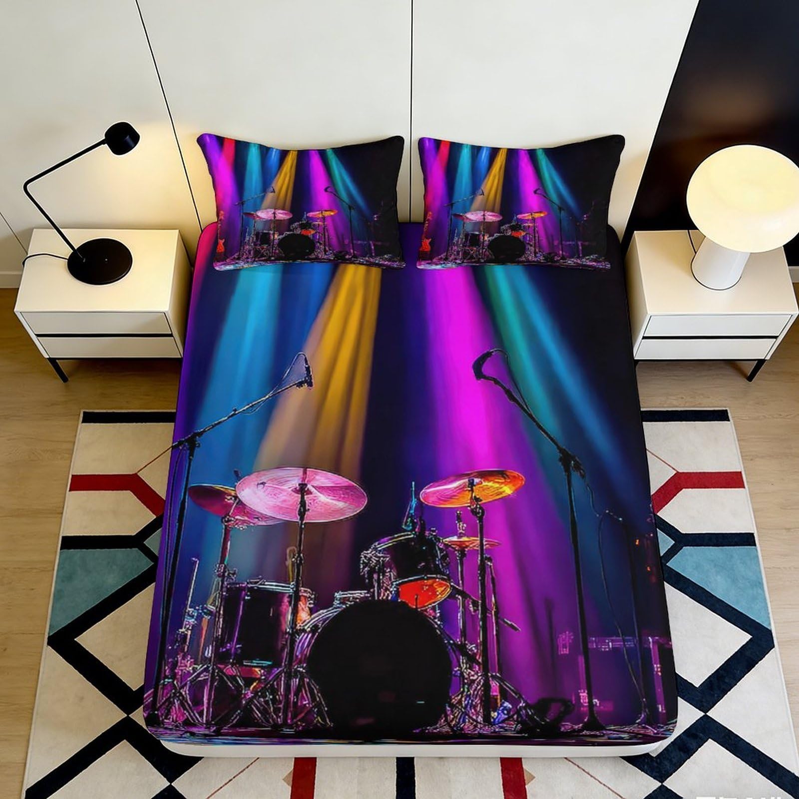 3D Printed Colorful Stage Drum Set Fitted Sheet Microfiber Anti-slip Bed Sheet for Bedroom Dorm Mattress Decor 90x200x25cm