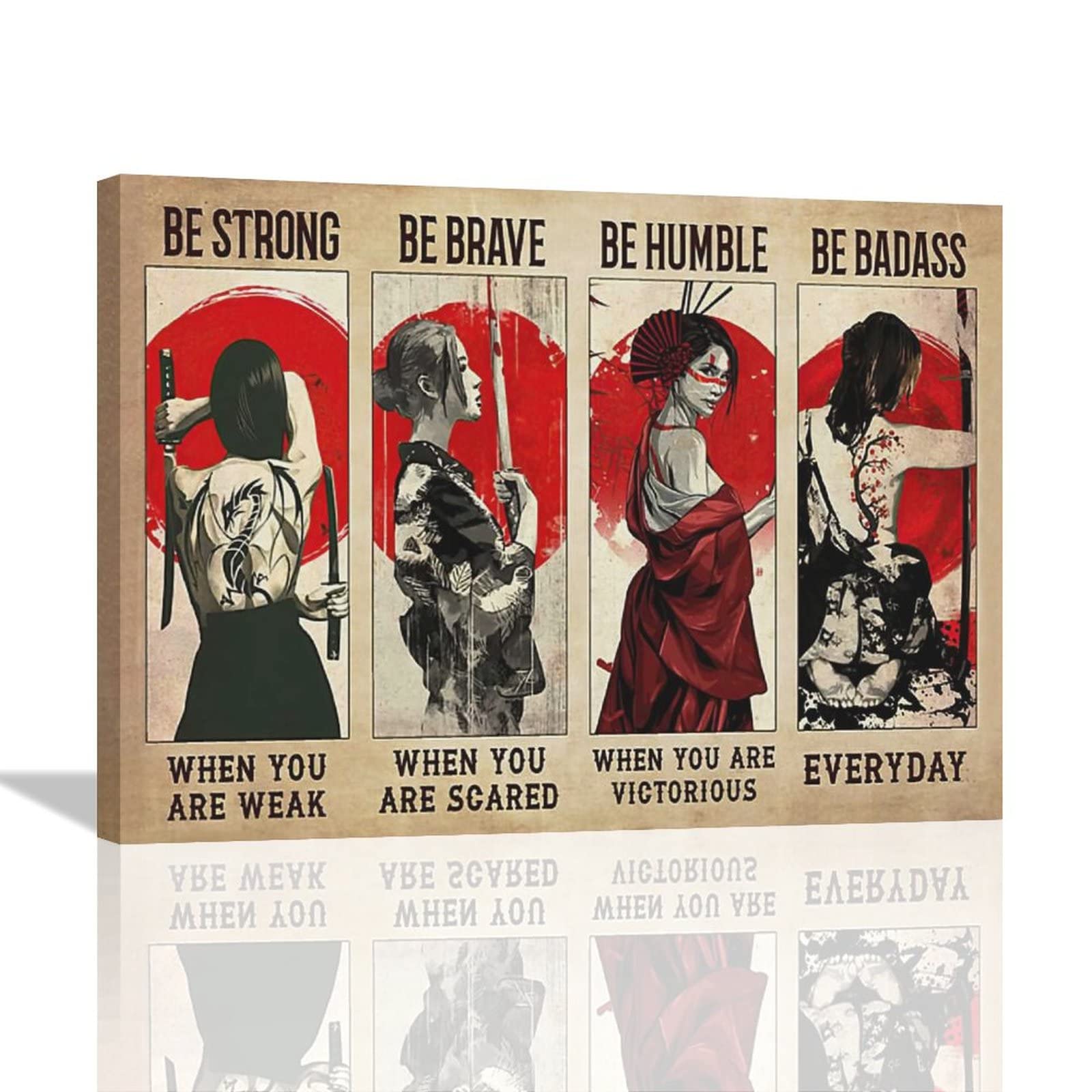 Japanese Samurai Girl Wall Art Female Samurai Pictures Wall Decor Cool Samurai Inspirational Quotes Painting Canvas Print Bushido Poster Artwork Modern Home Decor Framed for Bedroom Living Room16"x12"