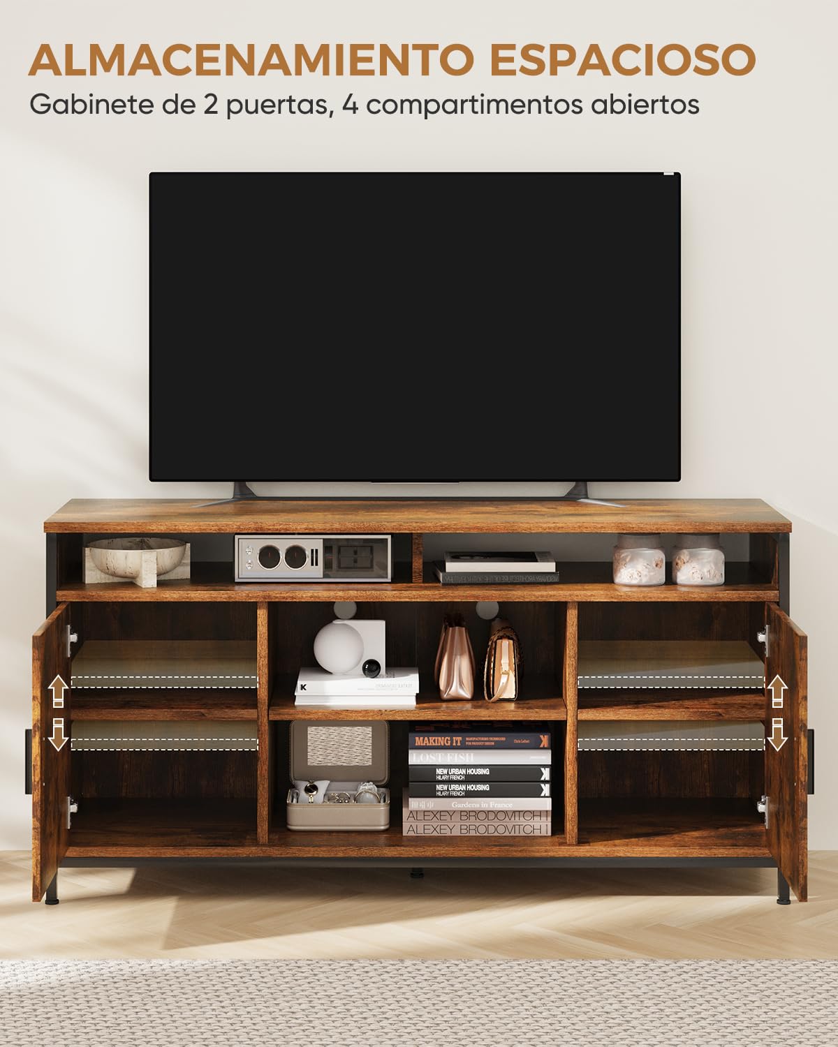ELUCHANG Mueble de TV, Mesa de TV para Salón, con Estantes Ajustables, para Televisores de hasta 65 Pulgadas, Estilo Industrial, 140 x 40 x 71 cm, Marrón Rústico y Negro