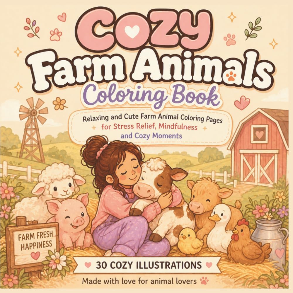 Cozy Farm Animals: A Cute Farm-Themed Coloring Book Featuring Adorable Animals, Country Life, and Relaxing Scenes