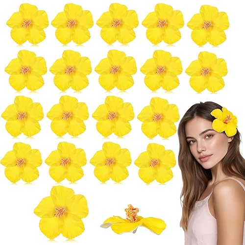DOITOOL 20 Pcs Yellow Artificial Hibiscus Flowers, Fake Hawaiian Flowers