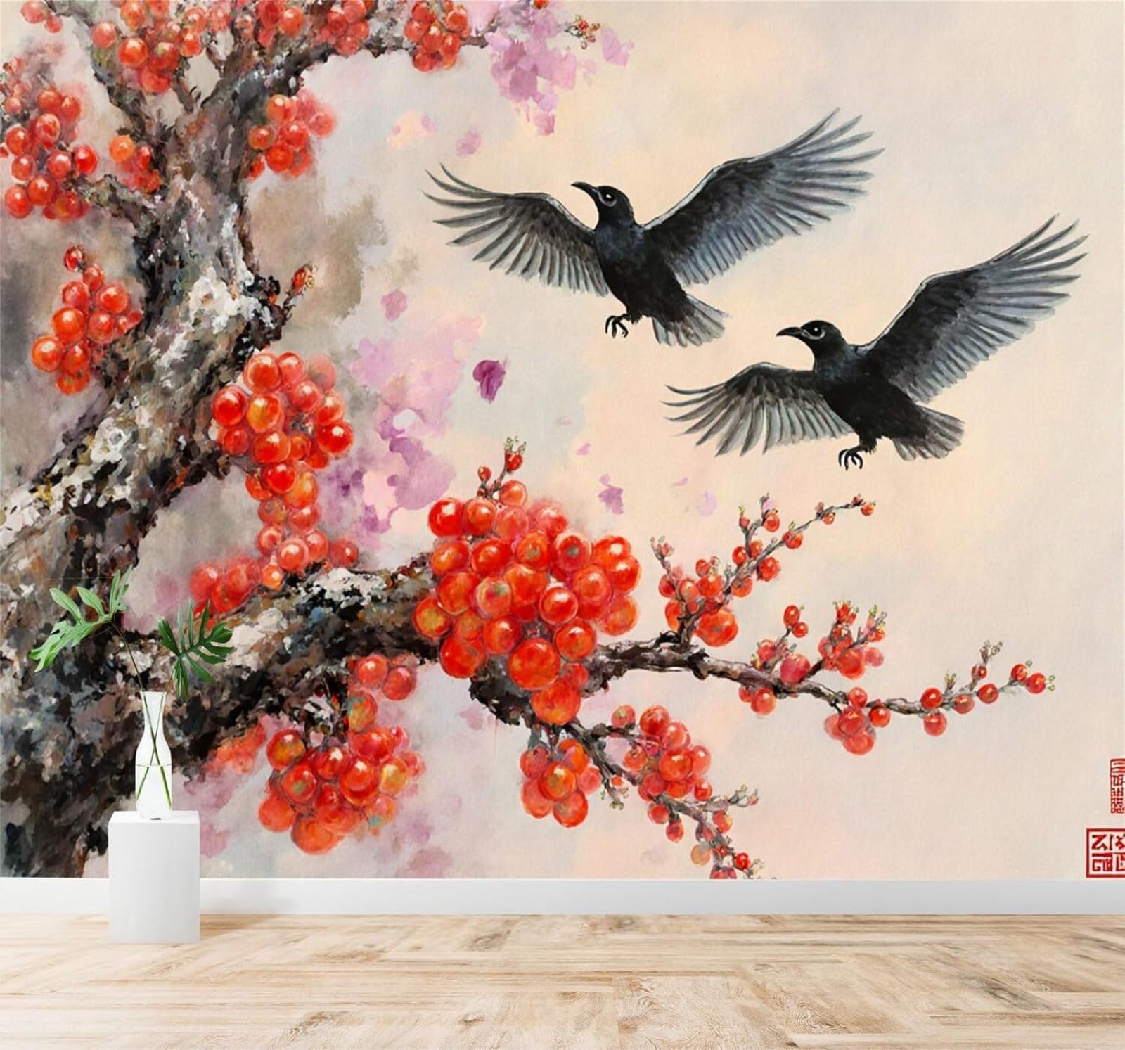 XLMING Hand Drawn Black Bird Red Plum Blossoms Art Painting 3D Wallpaper Premium Textured Silk Study Dining Living Room Bedroom Sofa TV Wall Easy Install-250cm×170cm