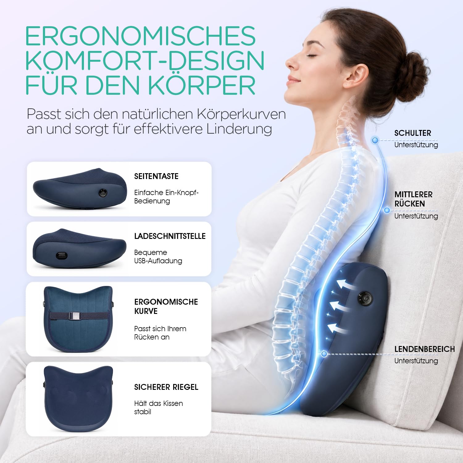 Kabelloses Shiatsu Massagekissen – Wiederaufladbarer Nacken für Schmerzlinderung und Entspannung, Tiefenmassage mit leiser Betriebsweise, Aufmerksames Geschenk YZ300 (Blau)