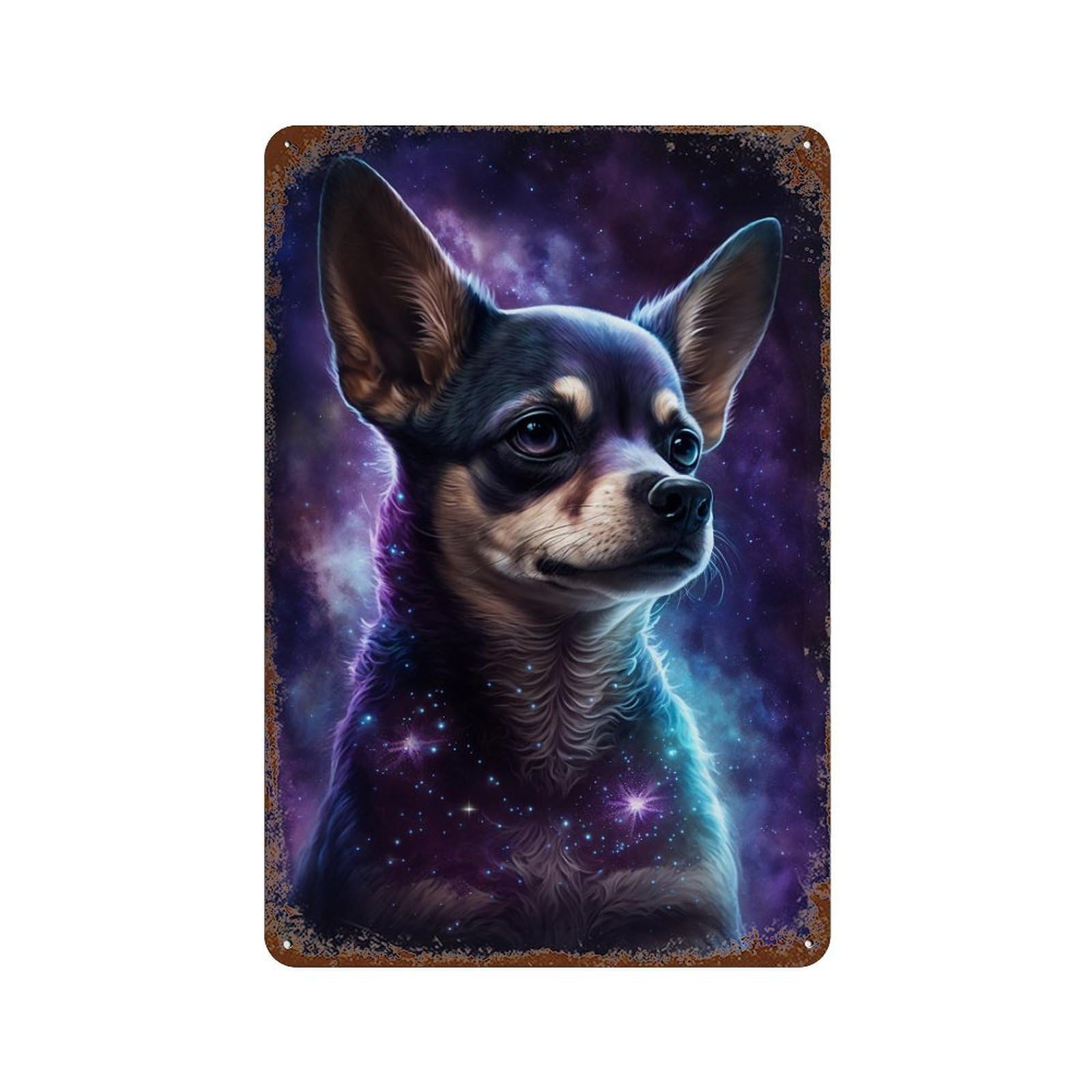 Aged Metal Wall Plaque with Galactic Chihuahua Art Print -3 Design 11.8"x7.9", for Shed, Workshop And Garage Wall Decor, Decorative Metal Wall Art