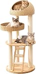 Solid Wood Cat Tree for Indoor Cats,Tall Cat Tower with Scratching Post,Modern Cat Tree Tower for Large Cats with Handwoven Basket,Cat Tree Condo with Climbing Ladder,Easy to Clean