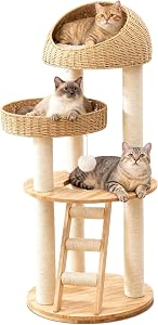 Solid Wood Cat Tree for Indoor Cats,Tall Cat Tower with Scratching Post,Modern Cat Tree Tower for Large Cats with Handwoven Basket,Cat Tree Condo with Climbing Ladder,Easy to Clean