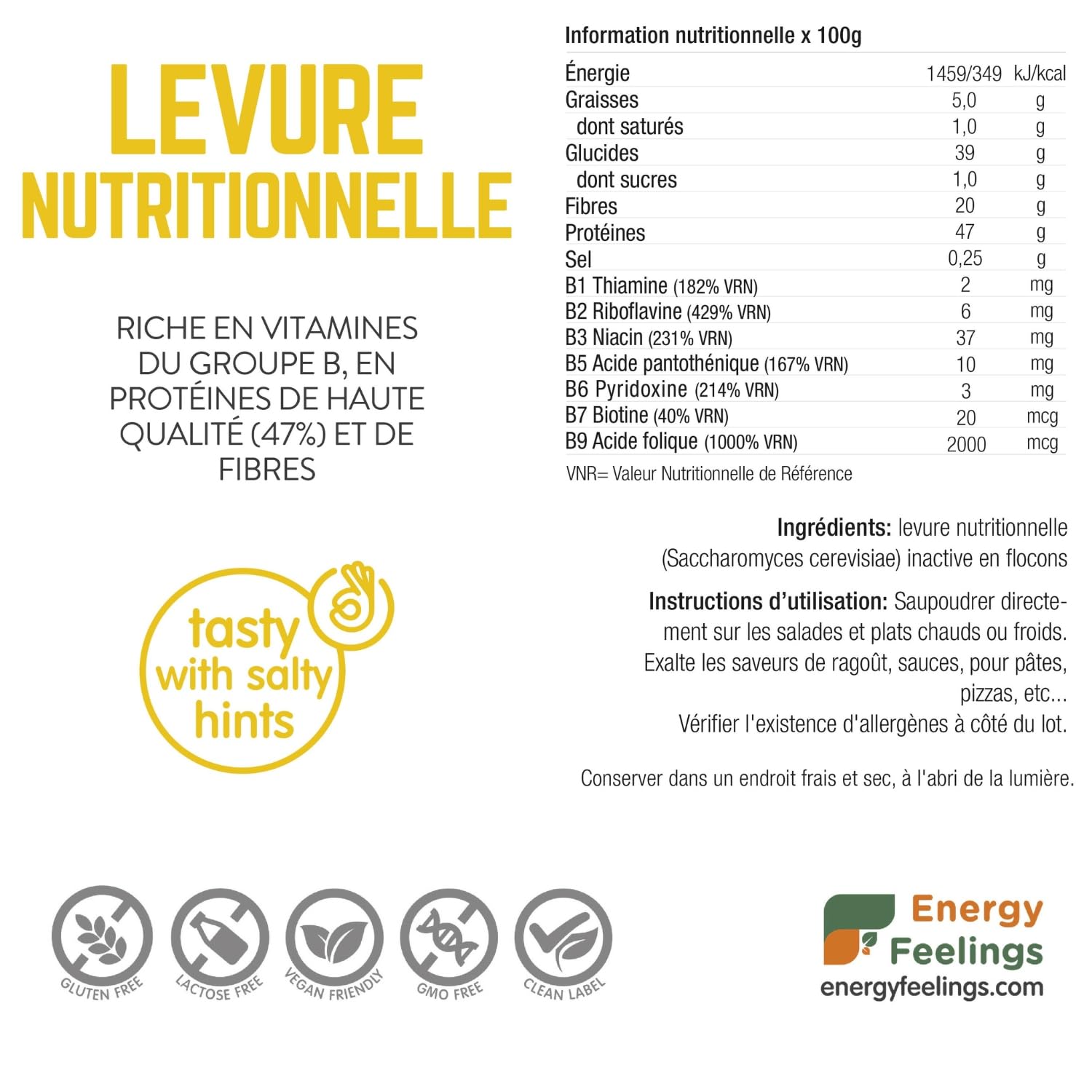 Energy Feelings Levure Nutritionnelle 1kg, Levure Sans Gluten Dietetique, Riche en Vitamines B et en Protéines Sans Sucre 47%, Nutritional Yeast Idéal pour le Fromage Vegan
