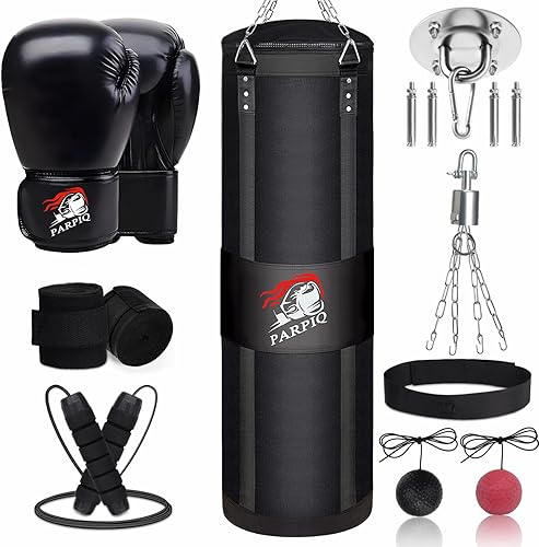 4FT Hanging Punching Bag for Adults, Unfilled Canvas Heavy Boxing Bag Set with 12oz Boxing Gloves Hand Wraps, Jump Rope, Reflex Ball for MMA