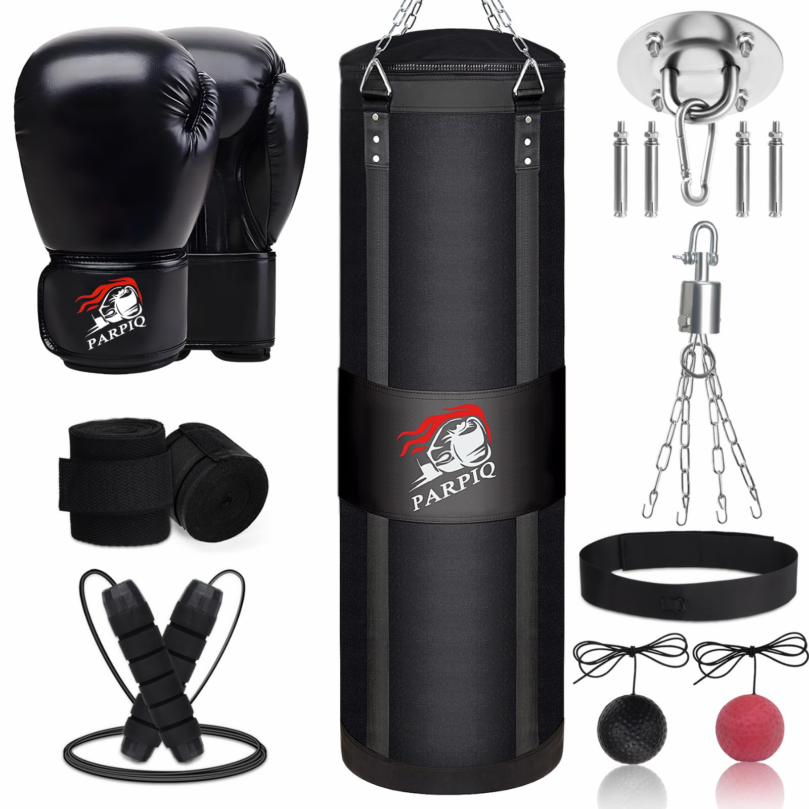 Saco de Boxeo Colgante de Tela Oxford 120 cm para Adultos | Incluye Guantes de Boxeo, Muñequeras, Cuerda de Saltar y Pelota de Reacción | Ideal para MMA, Kickboxing y Muay Thai