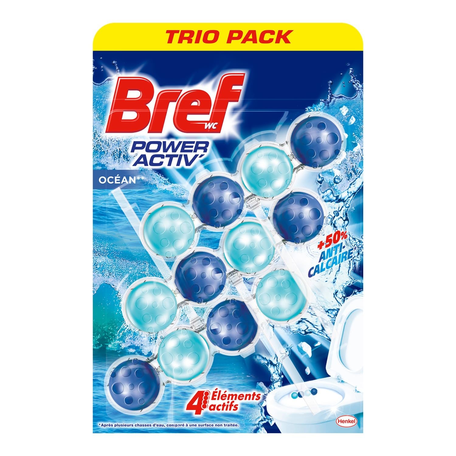 BREF WC Bloc WC Océan Power Activ' — 3 blocs solides anti-calcaire, fraîcheur marine durable pour toilettes propres - Lot de 3
