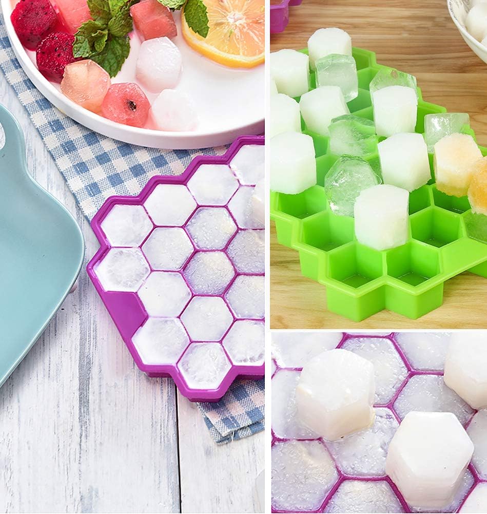 Ice Cube Trays, Ouddy 2 Pack Silicone Ice Cube Molds with Removable Lid, Totally 74-Ice Trays for Whiskey, Cocktail, Stackable Flexible - Green + Purple