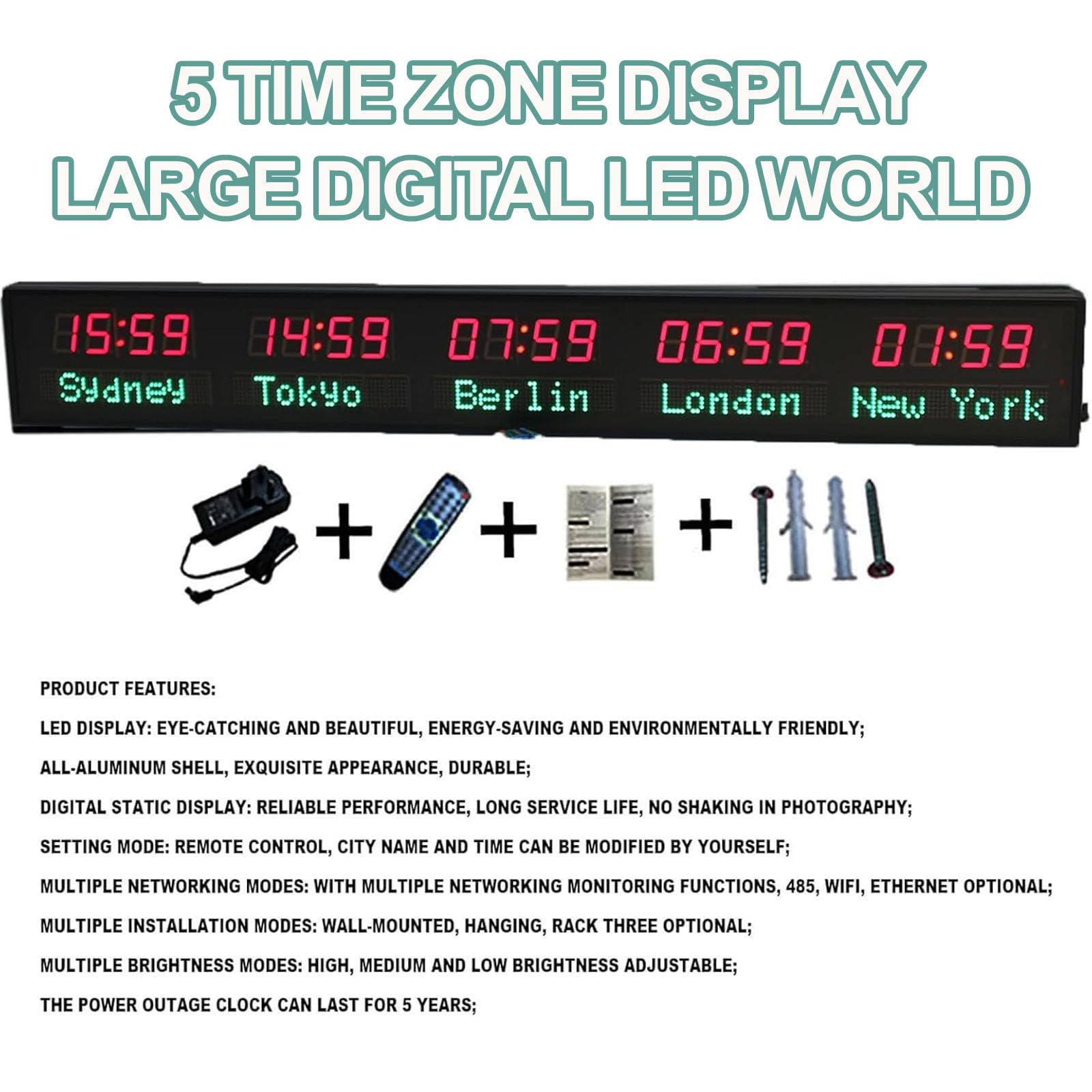 Orologio orario mondiale con display a 5 città, fusi orari multipli a LED, 3 livelli di luminosità, alloggiamento interamente in alluminio per ufficio, hotel e uso aziendale