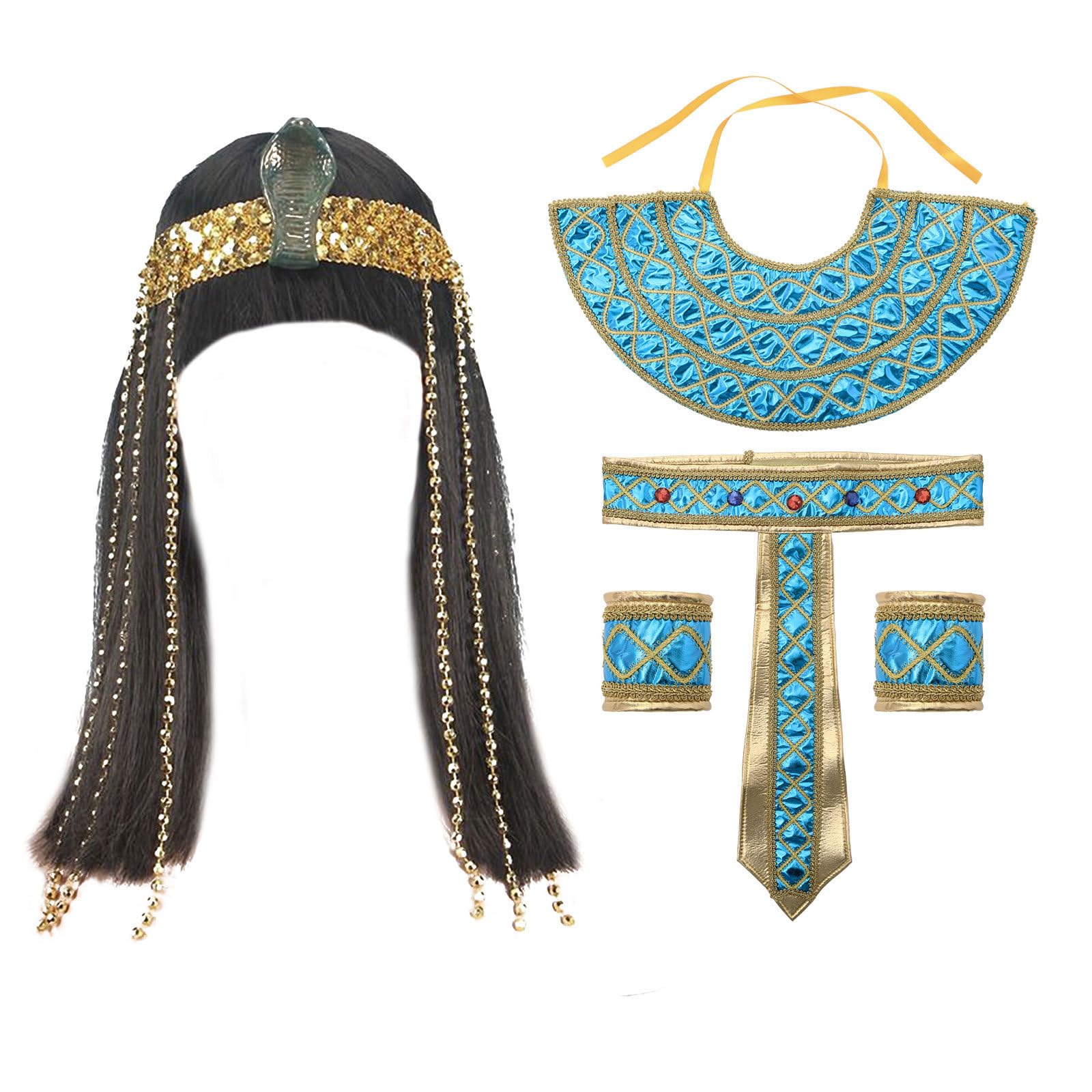 YiZYiF Halloween Egyptian Cleopatra Cosplay Set Queen Wig Neck Collar Arm Cuffs Waist Belt Women Festival Carnival Cosplay Party Blue One Size
