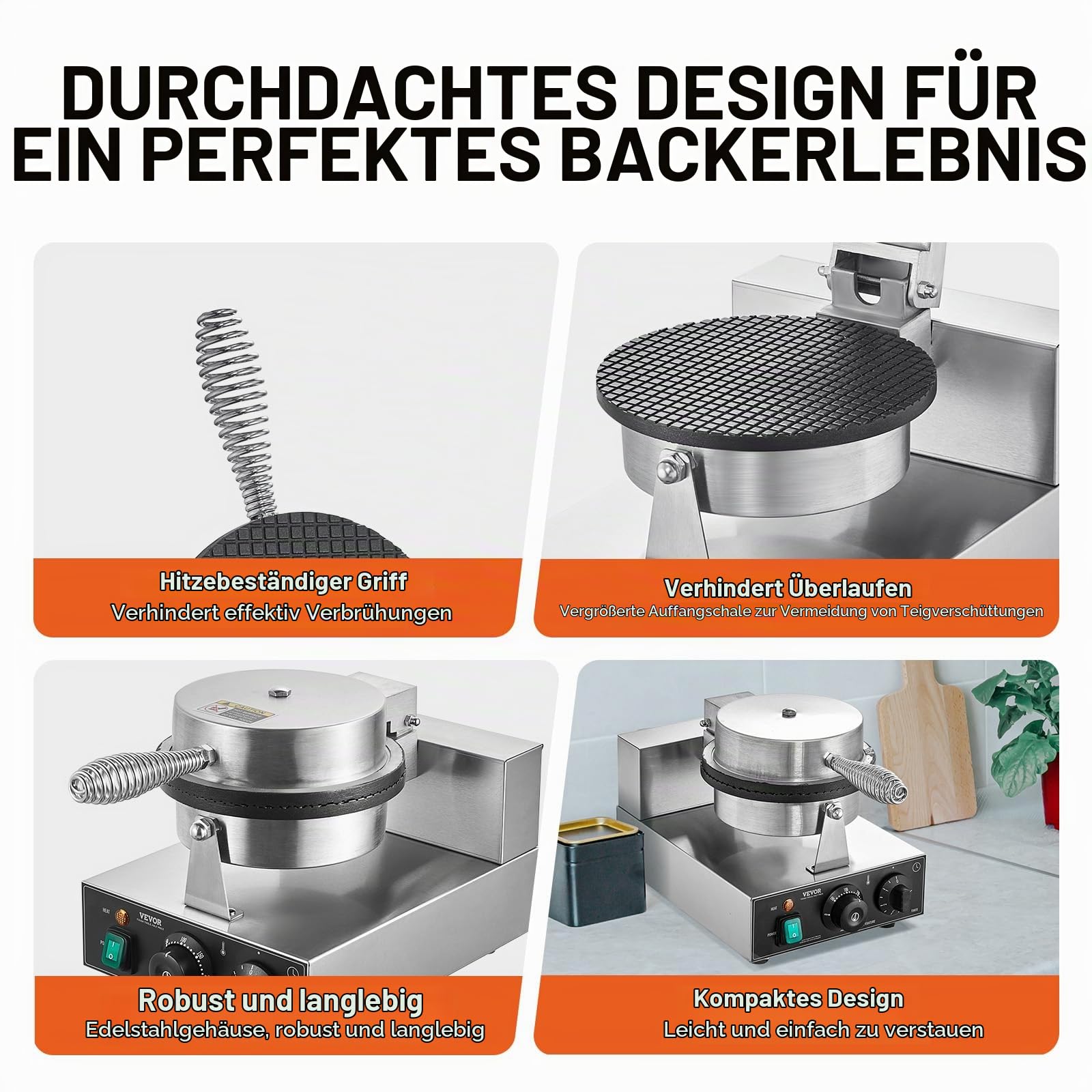 VEVOR elektrische Eistütenmaschine kommerzielle Waffeltütenmaschine 1230 W, antihaftbeschichtete Frühlingsrollenform, mit Temperatur- und Zeitregelung, Griff, für Restaurant Bäckerei Snackbar Familie