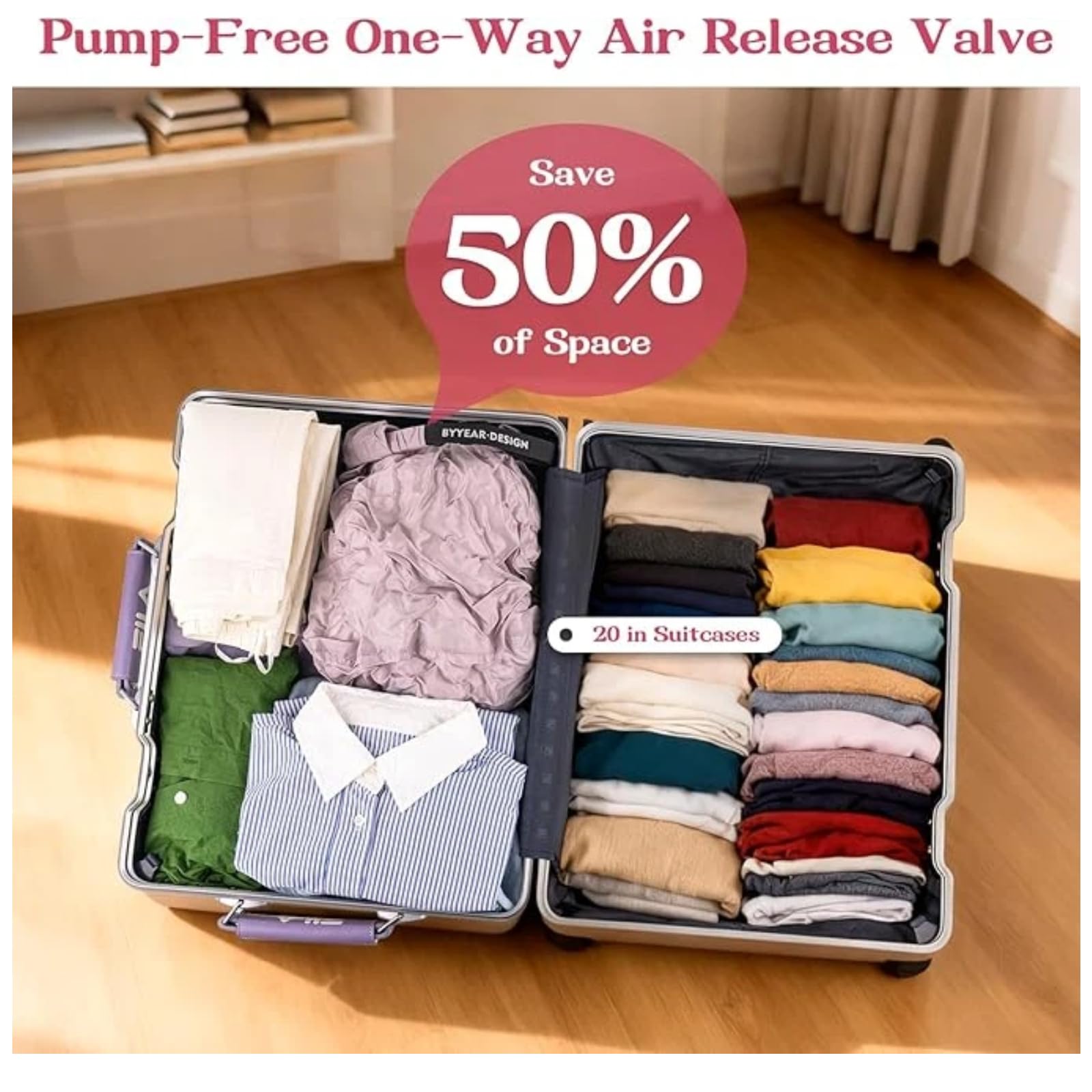 Pumpenfreie Vakuum‑Kompressions‑Wäschesack Für Reisen(Lila,L) | Einweg‑Ablassventil, Schnapp‑Rollverschluss, Wasserdicht, Faltbar, Nass‑Trocken‑Trennung Mit Tragegurt
