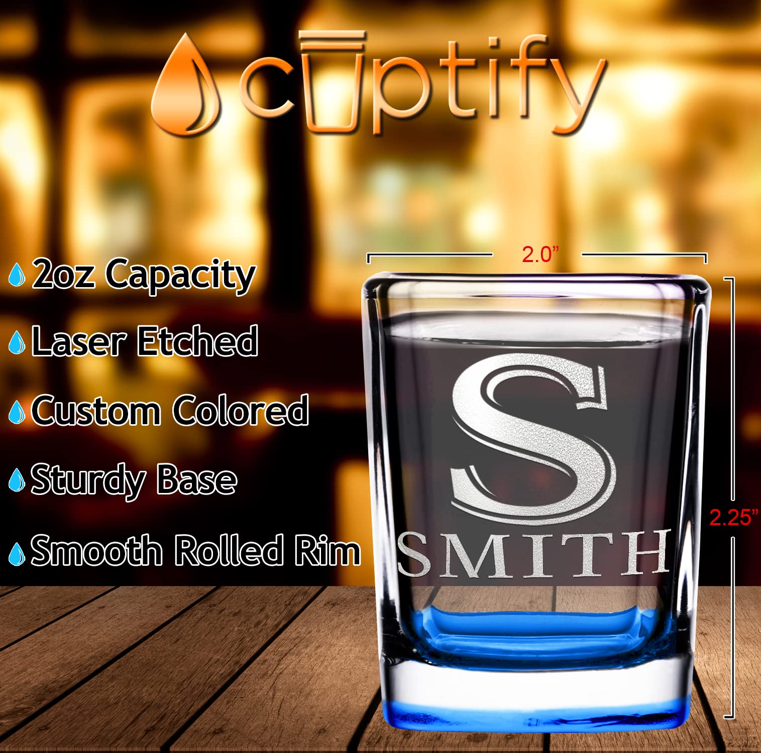 Personalized Glasses Monogram Initial and Name 2oz Blue Bottom Etched Square Shot Glass Engraved with Custom Text Birthday Gift for Men and Women Set of 2