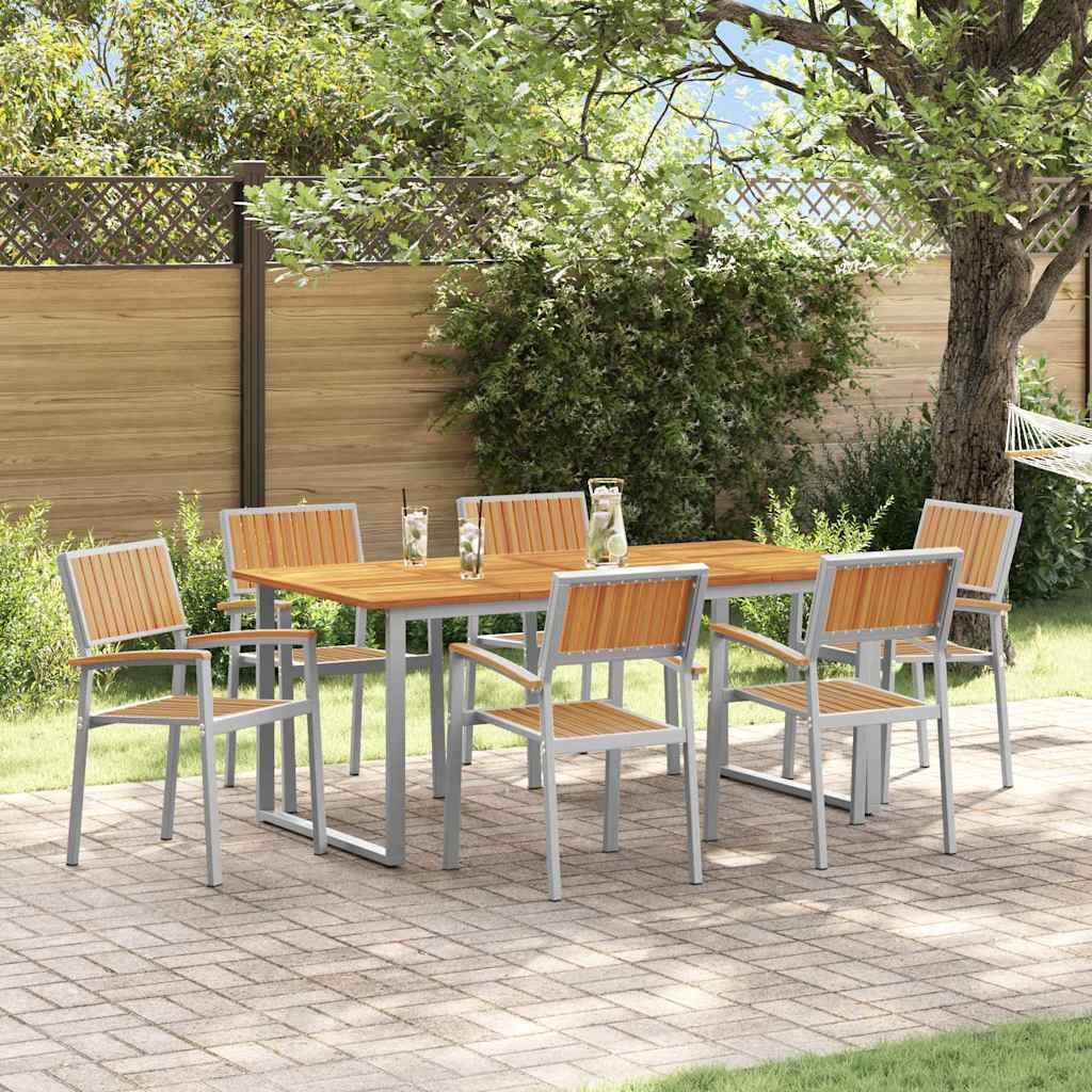 Lot de 7 tables de jardin en acacia + acier résistant aux intempéries, moderne, pliable, extensible, pour jardin, terrasse et balcon 180 x 90 x 75 cm